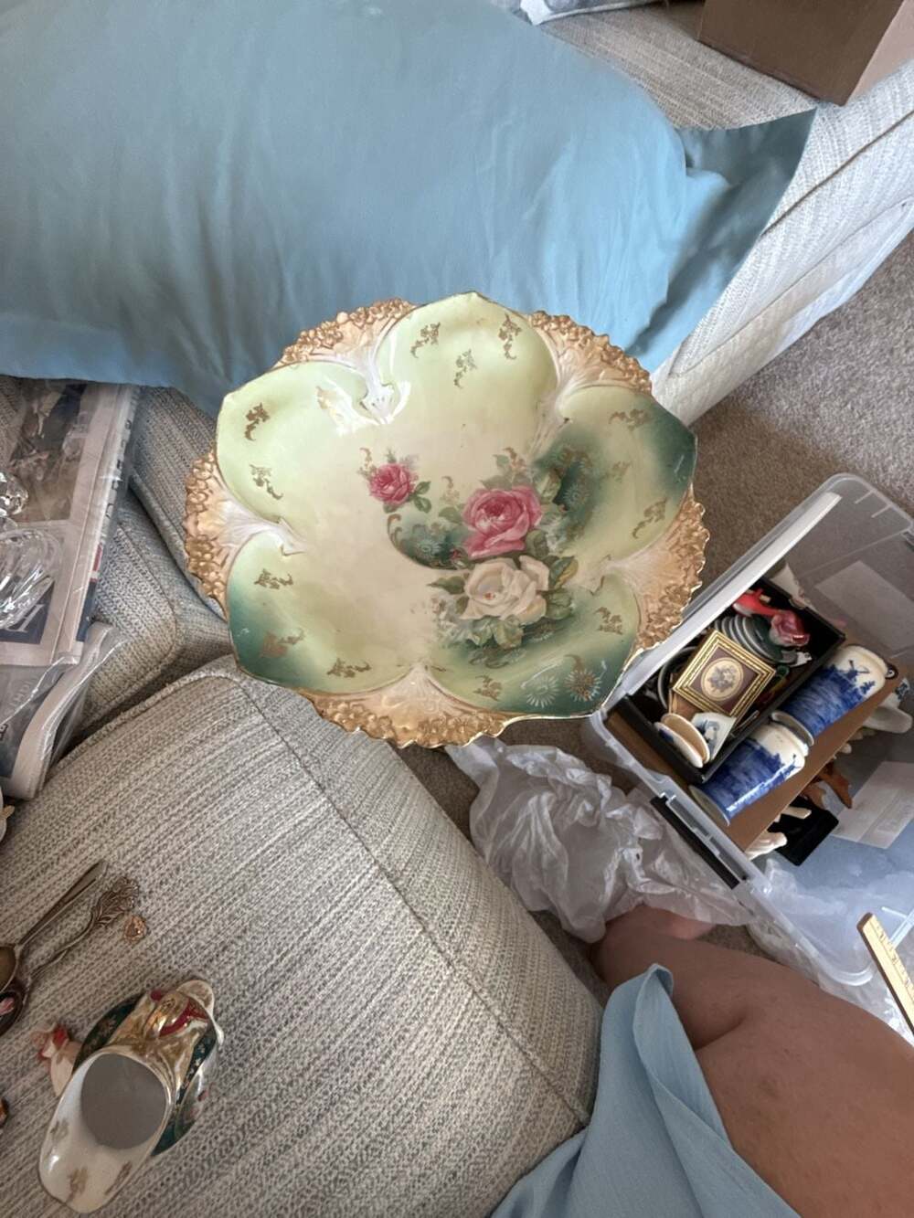Antique RS Prussia Porcelain 3-Footed Floral Bowl